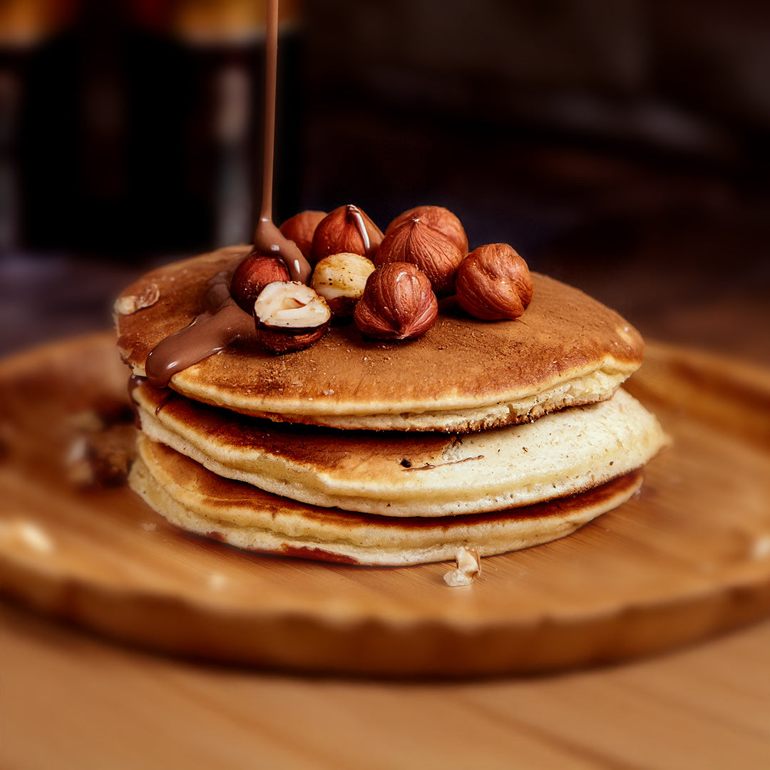 Monin Roasted Hazelnut Pancakes with Dark Chocolate Sauce